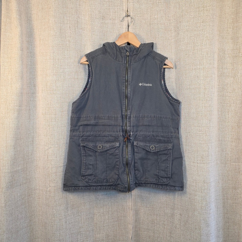 Columbia Women's L Hooded Utility Vest Gray‎ Plaid Flannel Lined Canvas Worn-In